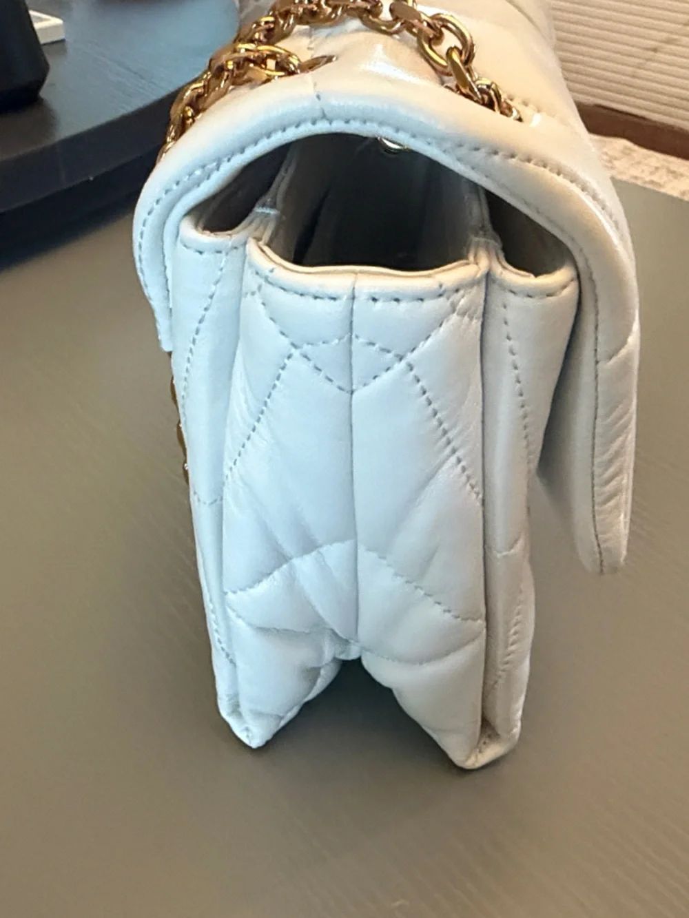 Versace White Quilted Leather Shoulder Tote with Gold Chain